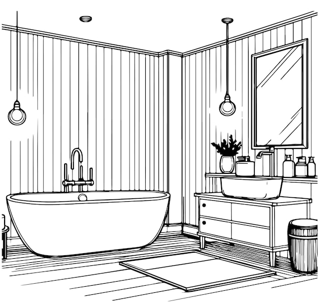 Linear vector bathroom Furniture Vector Drawing sketch Illustration in an outline style