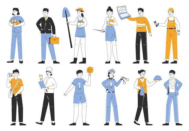 Linear workers in professional uniform various occupations flat vector illustration set