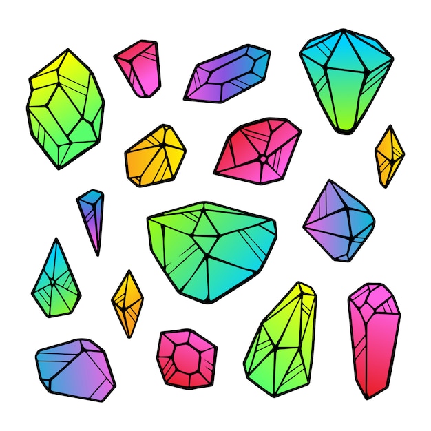 Lineart color neon gradient crystals stickers isolated  . Outline sign kit of gemstone. Crystal thin line icons set. Mineral linear icon collection. Diamond, emerald, aquamarine.