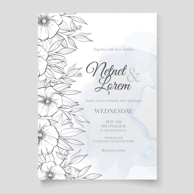 lineart floral wedding invitation card template