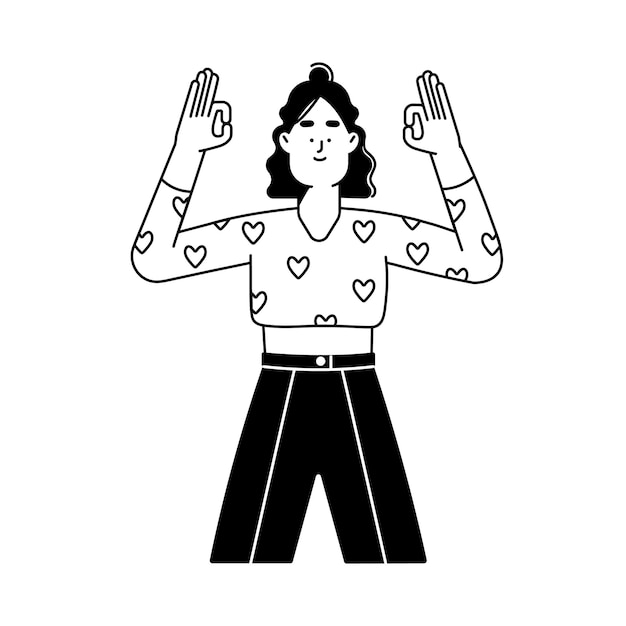 Lineart girl character gesturing OK with both hands Funny woman showing approval with super okay sign Expression of acceptance Flat graphic vector illustration isolated on white background