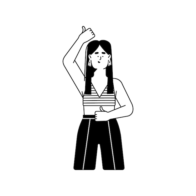 Lineart girl character showing thumb up with finger expressing support approval Happy woman with thumbup hand gesture yes and OK cool sign Flat vector illustration isolated on white background