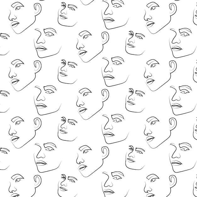 lineart pattern of female faces drawn from different angles in black on a white background