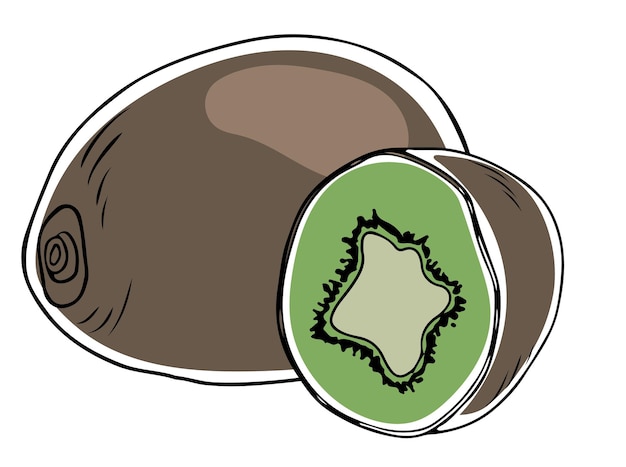 Lineart style set of colored whole and halved kiwi black outline on white background