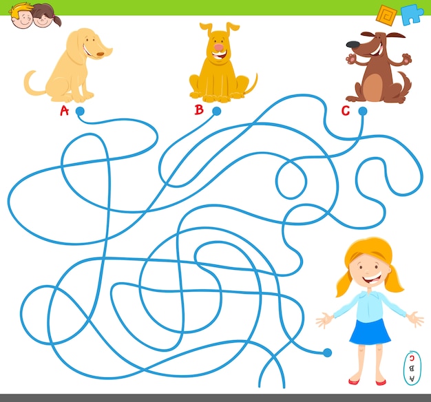 Lines Maze Puzzle Activity Game with Dogs and Girl