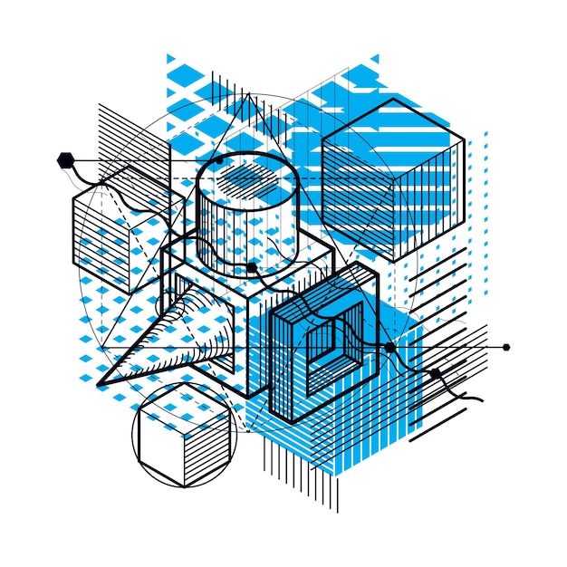 Lines and shapes abstract vector isometric 3d background. Layout of cubes, hexagons, squares, rectangles and different abstract elements.