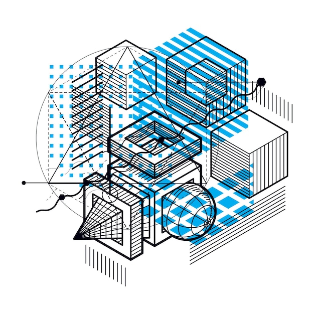 Lines and shapes abstract vector isometric 3d background. Layout of cubes, hexagons, squares, rectangles and different abstract elements.