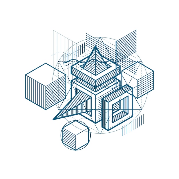 Lines and shapes abstract vector isometric 3d background. Layout of cubes, hexagons, squares, rectangles and different abstract elements.