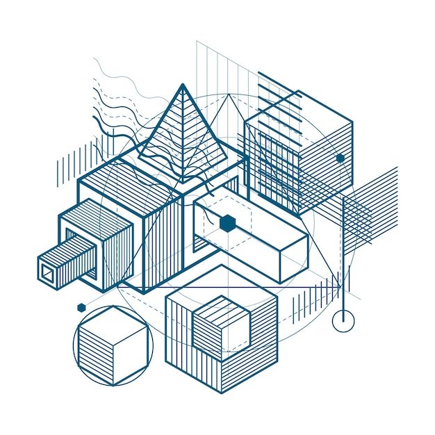 Lines and shapes abstract vector isometric 3d background. Layout of cubes, hexagons, squares, rectangles and different abstract elements.