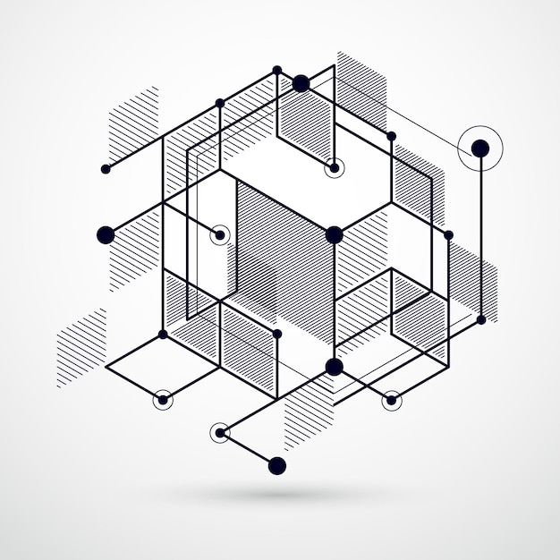 Lines and shapes abstract vector isometric 3D black and white background. Abstract scheme of engine or engineering mechanism. Layout of cubes, hexagons, squares, rectangles and different elements