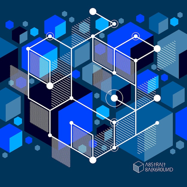 Lines and shapes abstract vector isometric 3D blue black background. Abstract scheme of engine or engineering mechanism. Layout of cubes, hexagons, squares, rectangles and different abstract elements.