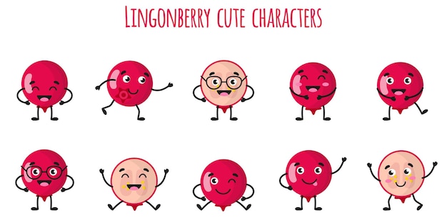 Lingonberry fruit cute funny cheerful characters with different poses and emotions