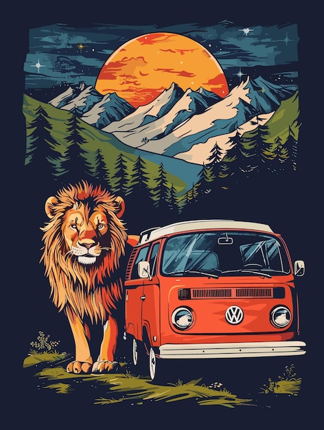 Lion on the background of the mountains and the car Vector illustration