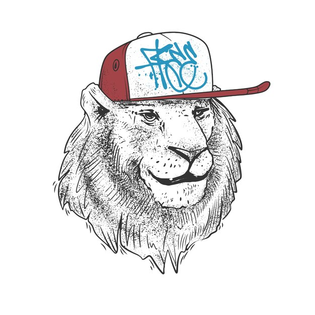 Vector lion in cap, hand drawn.  illustration print .