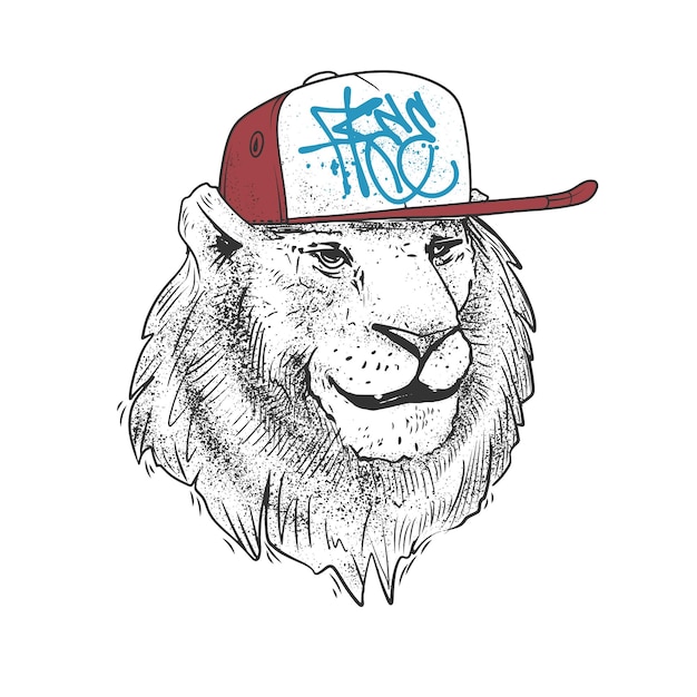 Vector lion in cap hand drawn vector illustration print design