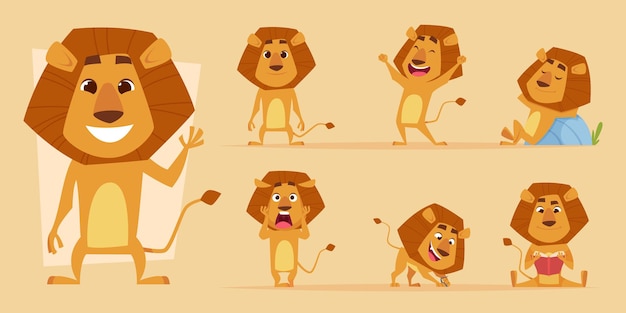 Vector lion cartoon. wild african animal in action poses safari lions characters vector isolated. lion predator happiness and scary, hungry and friendly mascot illustration