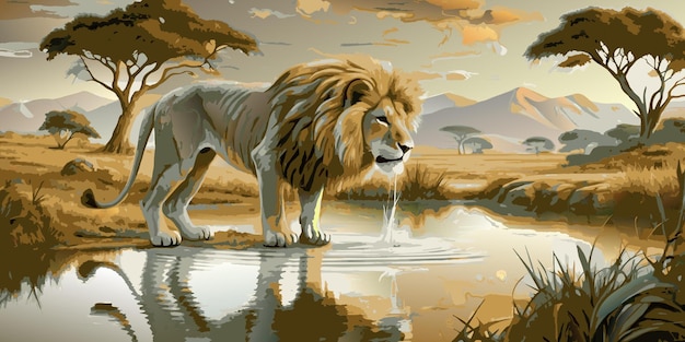 Vector a lion drinking water from a lake in the african savannah vector illustration