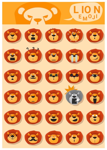 Vector lion emoji emoticon heads with emotions