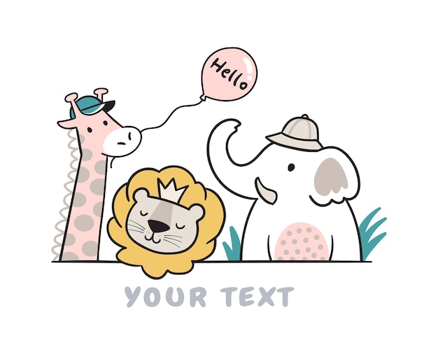 Lion giraffe and elephant doodle for kids