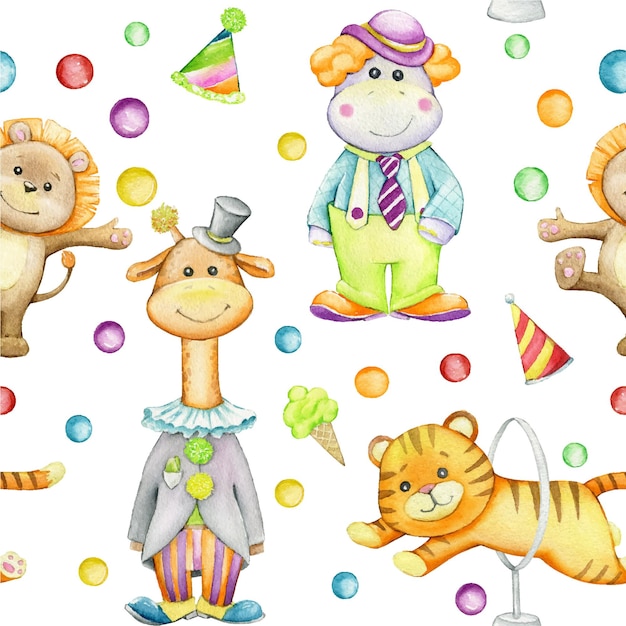 Lion, giraffe, hippopotamus, tiger. Watercolor animals. Circus seamless pattern, cartoon style.