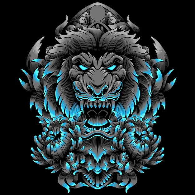 Lion head illustration in neon color style