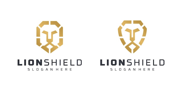 Lion Head Shield Gold Luxury Animal Security Leo King Wildlife Strong Mane Icon Vector Logo Design