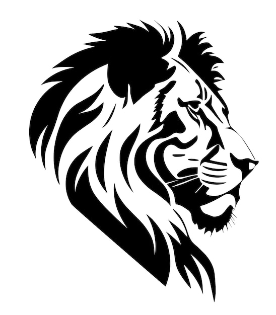 A lion head with a black mane and a white background.