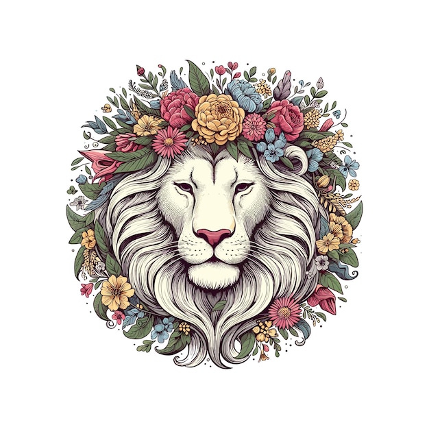 Vector lion head with a crown adorned with flowers a regal lion head with a flowing mane