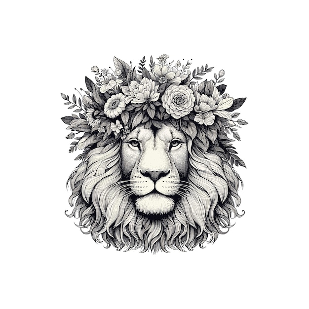 lion head with a crown adorned with flowers a regal lion head with a flowing mane