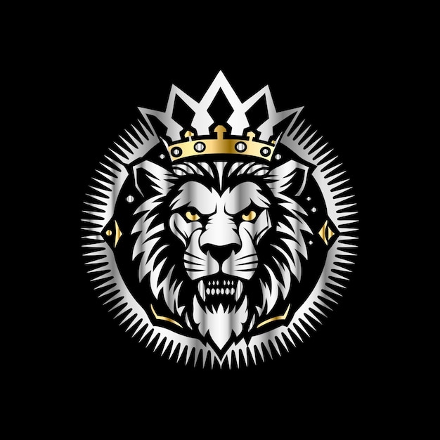 Lion head with crown on black background Luxury lion head logo template Lion head with crown and g