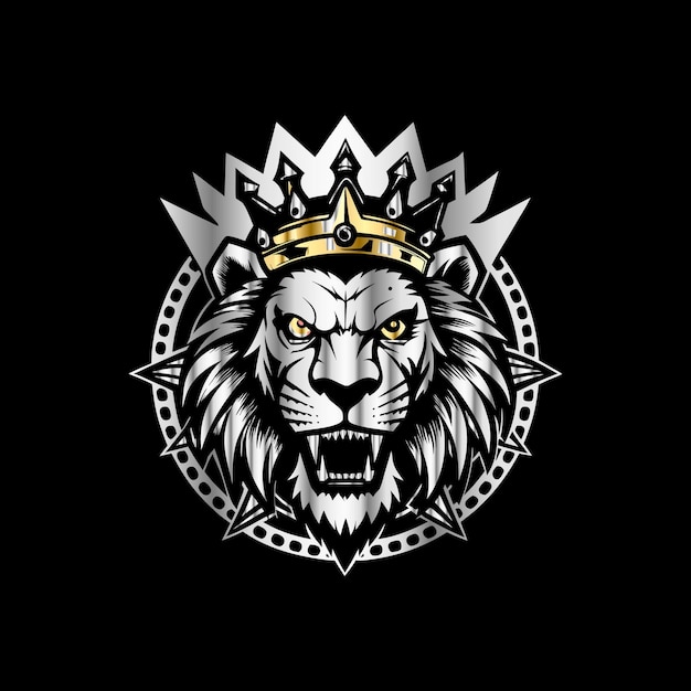 Lion head with crown on black background Luxury lion head logo template Lion head with crown and g