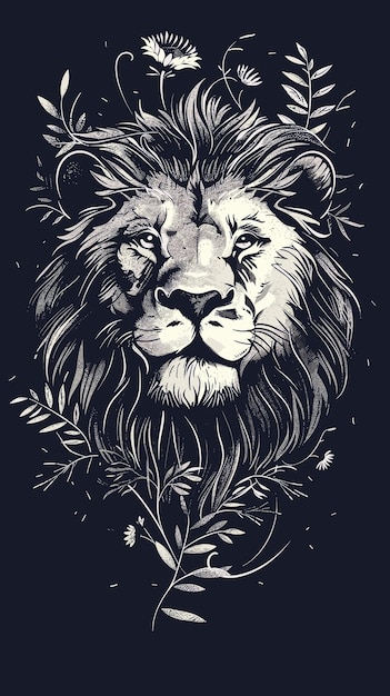 Lion head with flowers Hand drawn vector illustration on dark background