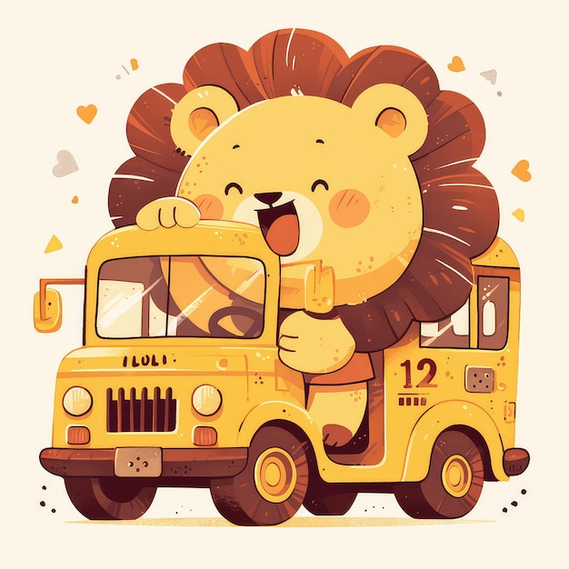 A lion is driving a bus cartoon style