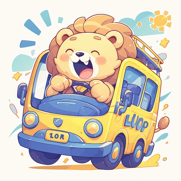 A lion is driving a bus cartoon style