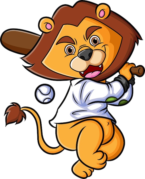 The lion is playing the baseball and hit the ball