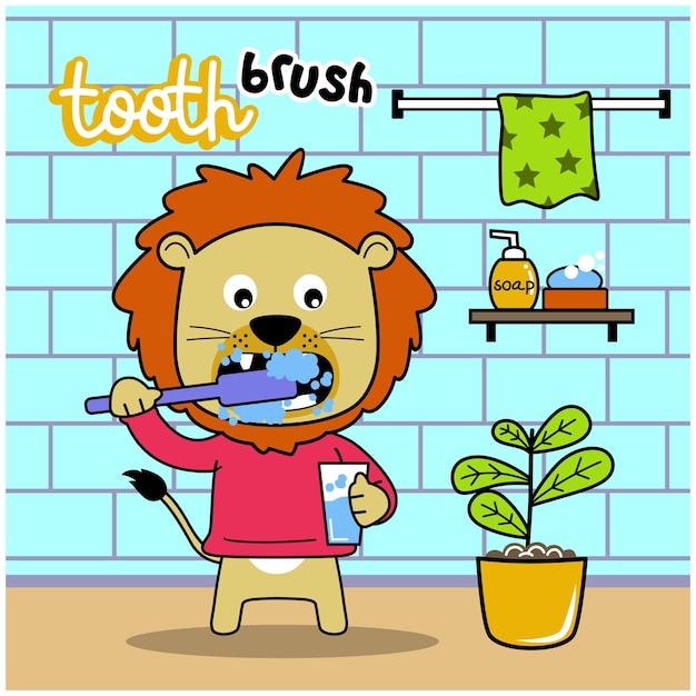 lion is tooth brushing funny animal cartoon