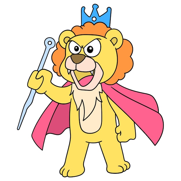 The lion king wearing a crown was making an angry speech, character cute doodle draw. vector illustration