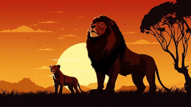 a lion and lion are on the grass in front of a sunset