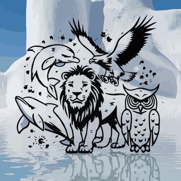 a lion and owl are standing in the water