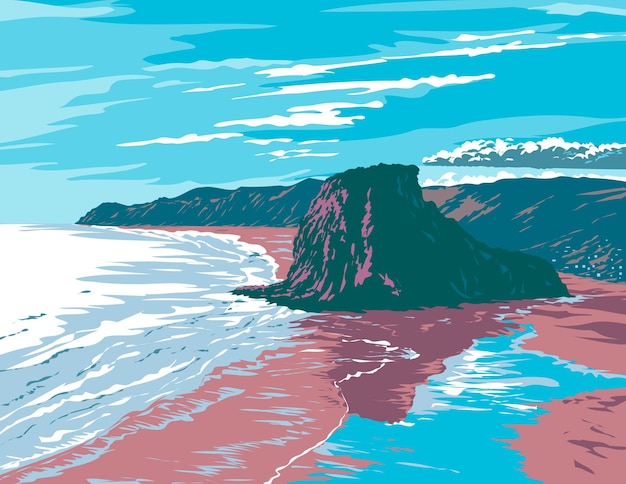 Lion Rock on Piha Beach in Auckland New Zealand WPA Poster Art