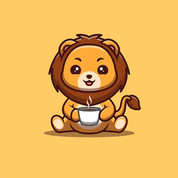 Lion Sitting Drink Coffee Cute Creative Kawaii Cartoon Mascot Logo