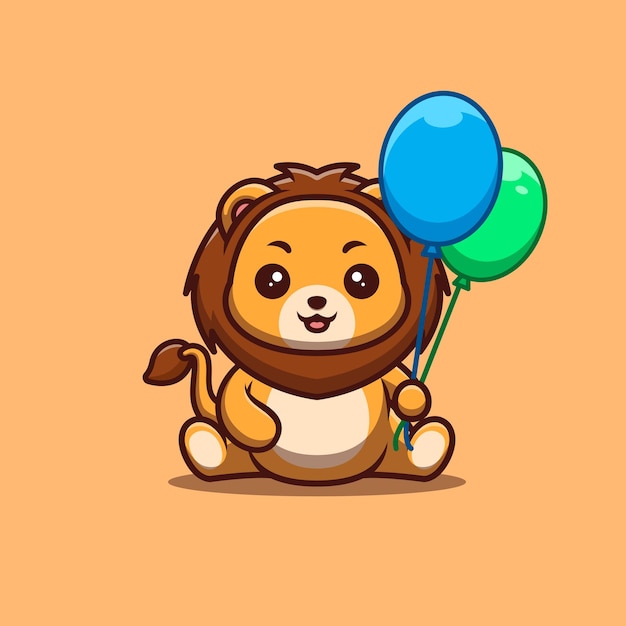 Lion Sitting Hold Balloon Cute Creative Kawaii Cartoon Mascot Logo