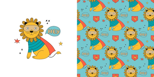 Lion in a superhero costume illustration seamless pattern.