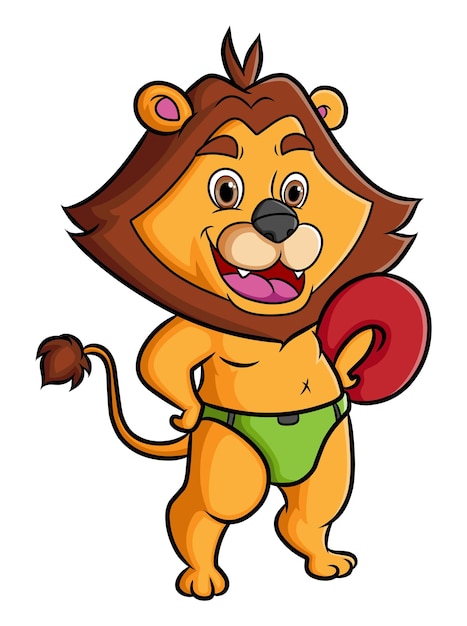 The lion swimmer is standing and holding the swimming tire