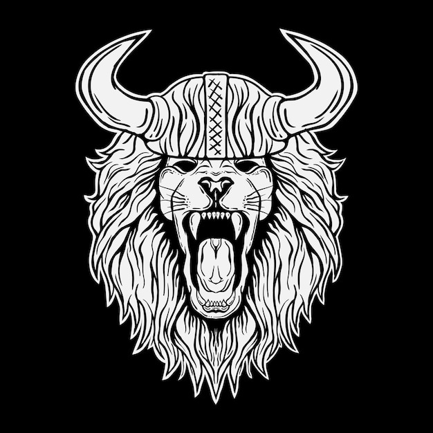 Lion viking black and white illustration print on t-shirts,jacket,souvenirs or tattoo free vector