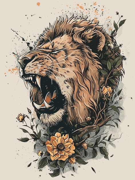 Lion with flowers Hand drawn vector illustration in sketch style