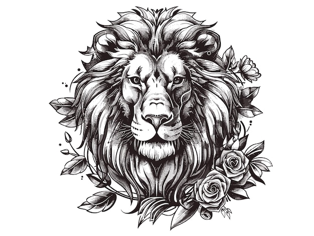 Vector a lion with a rose and leaves surrounding it