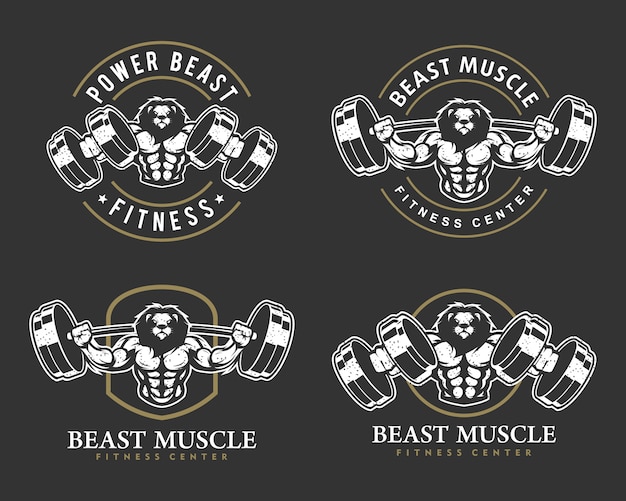 Lion with strong body, fitness club or gym logo set.