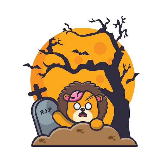 lion zombie rise of graveyard cute halloween cartoon illustration