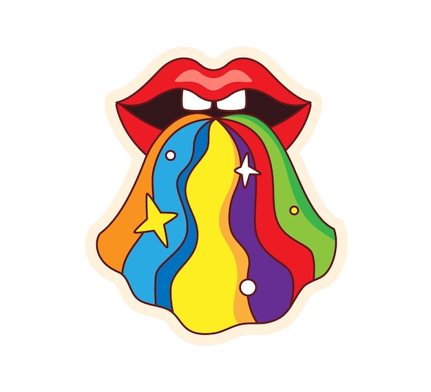 Lips from which a rainbow pours Psychedelic retro sticker in cartoon .Vector illustration of 70s 80s